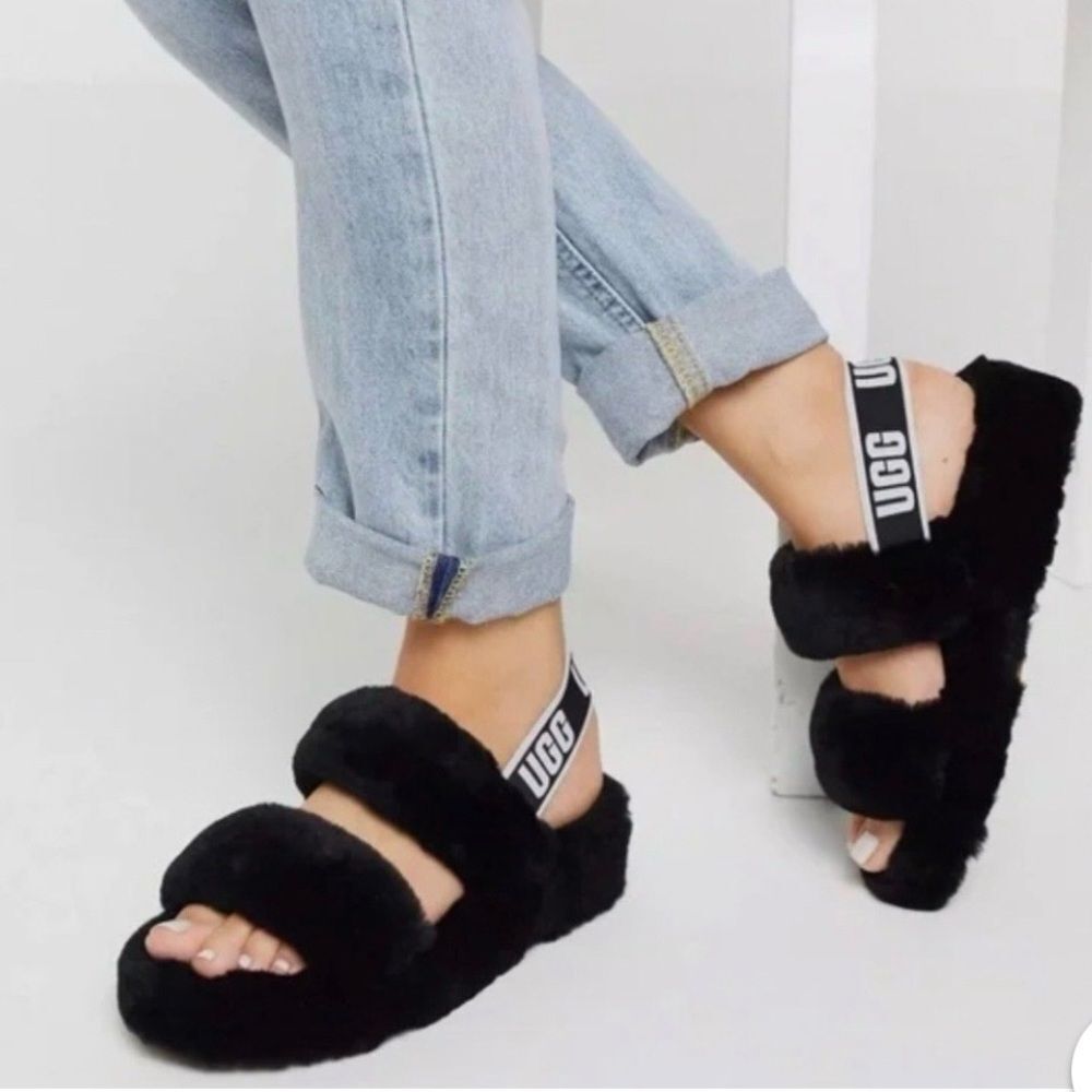 Ugg OH YEAH Black Fuzzy Shearling Slippers